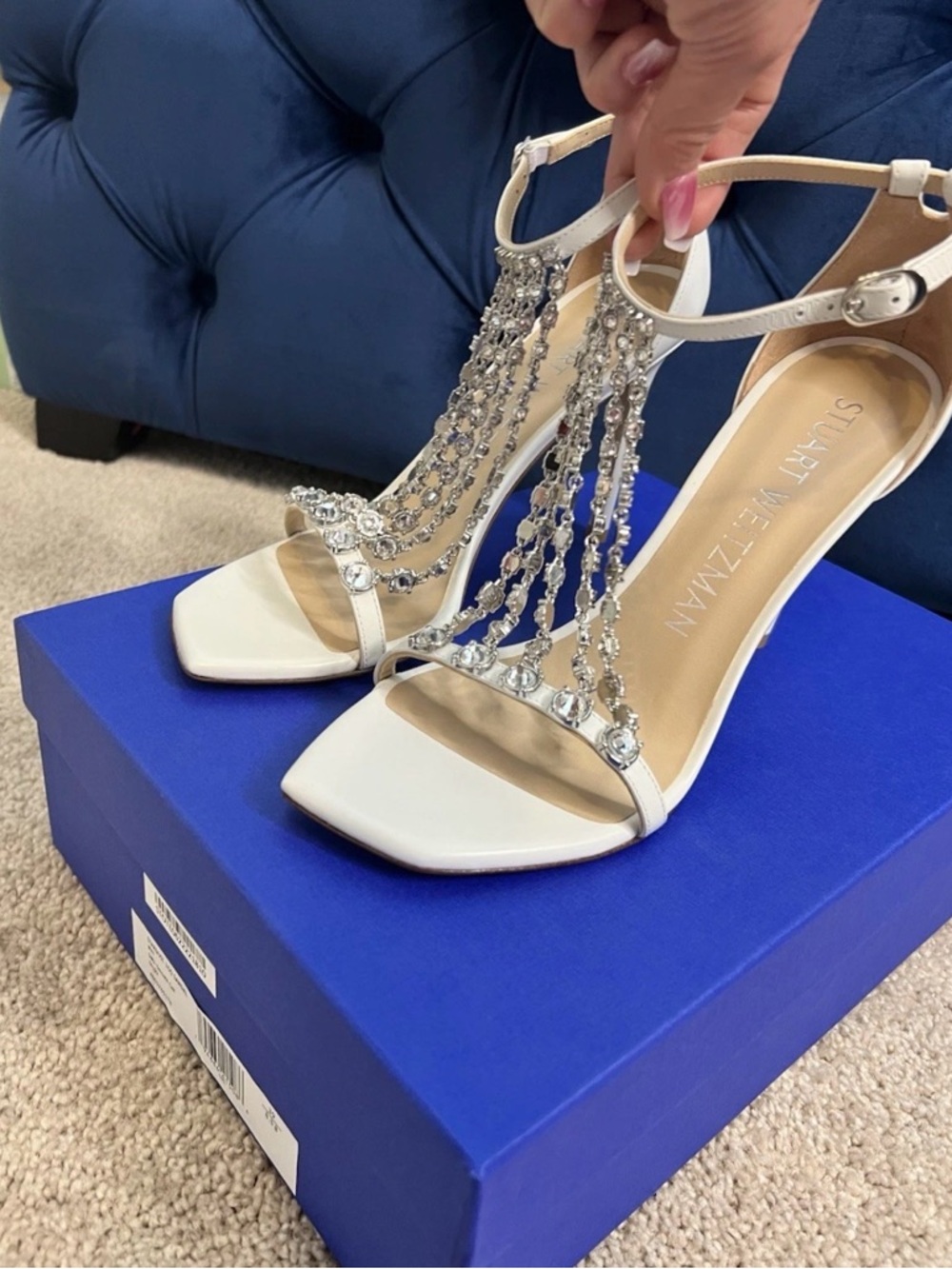 Stuart Weitzman Ivory Crystal T-Strap High Heel Sandals - Picture 2 of 10